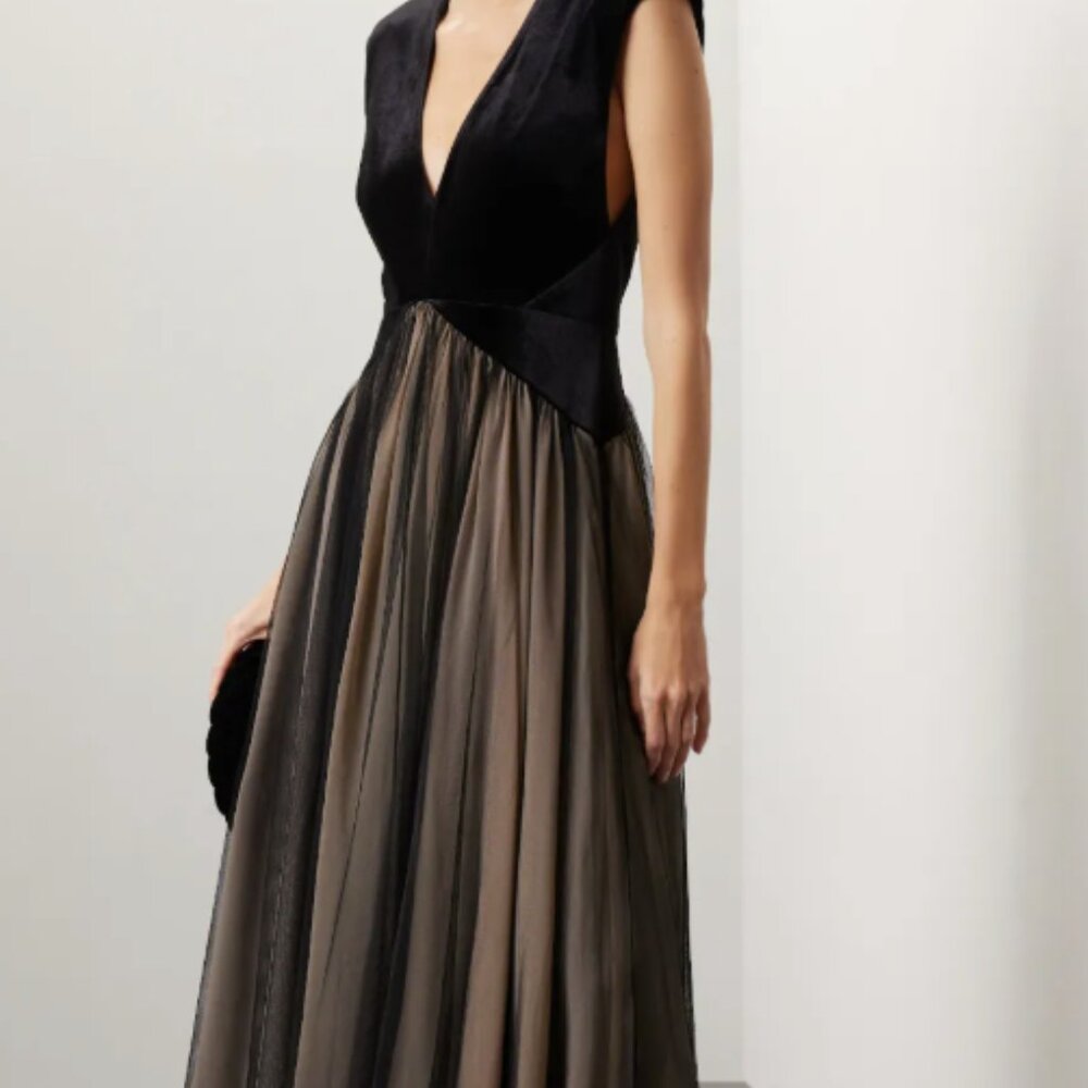 NWT Badgley Mischka Black Velvet Drop Waist Dress Gown  - Size 4